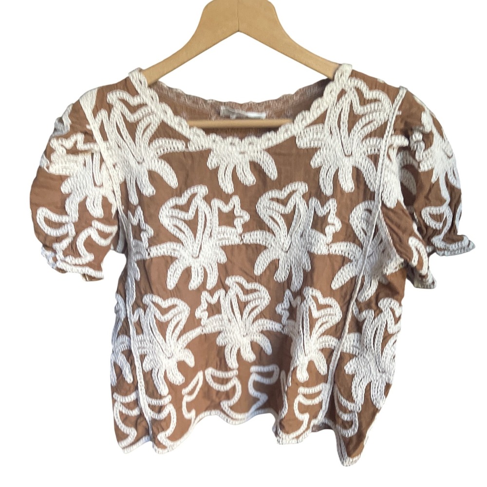 Bohemian Brown Short Sleeve Cotton Top with Cream Embroidery‎ Boutique Brand S
